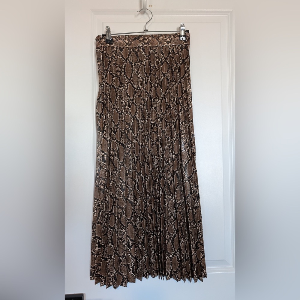 Zara Womens Snake Brown Tan Faux Leather Pleated Midi Skirt Size XS